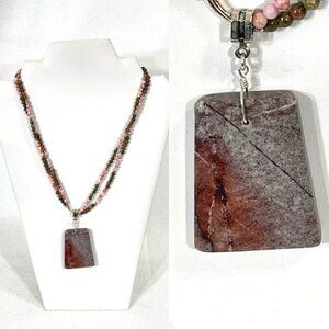 Handmade natural tone unikite and rose quartz necklace with jasper pendant.